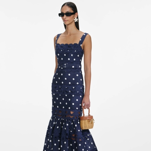self-portrait Navy Polka Dot Linen Midi Dress Size: US2 - MSRP $690 - NWT - Picture 2 of 8